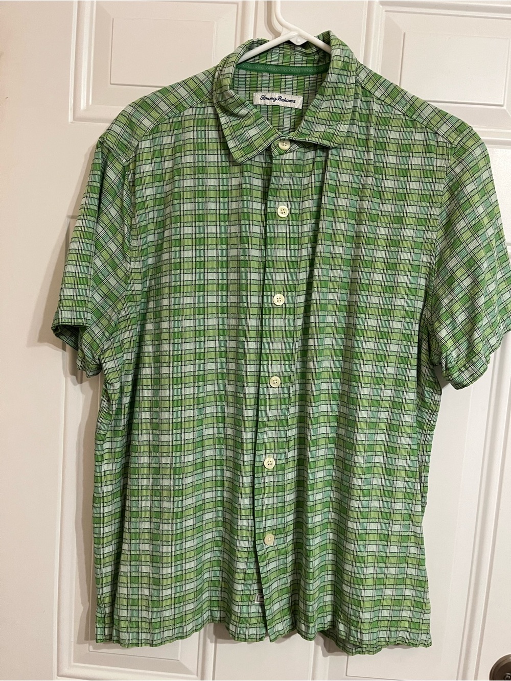 Tommy Bahama 100% Silk Shirt Men’s L Green Check Hawaiian Button Up Camp Casual